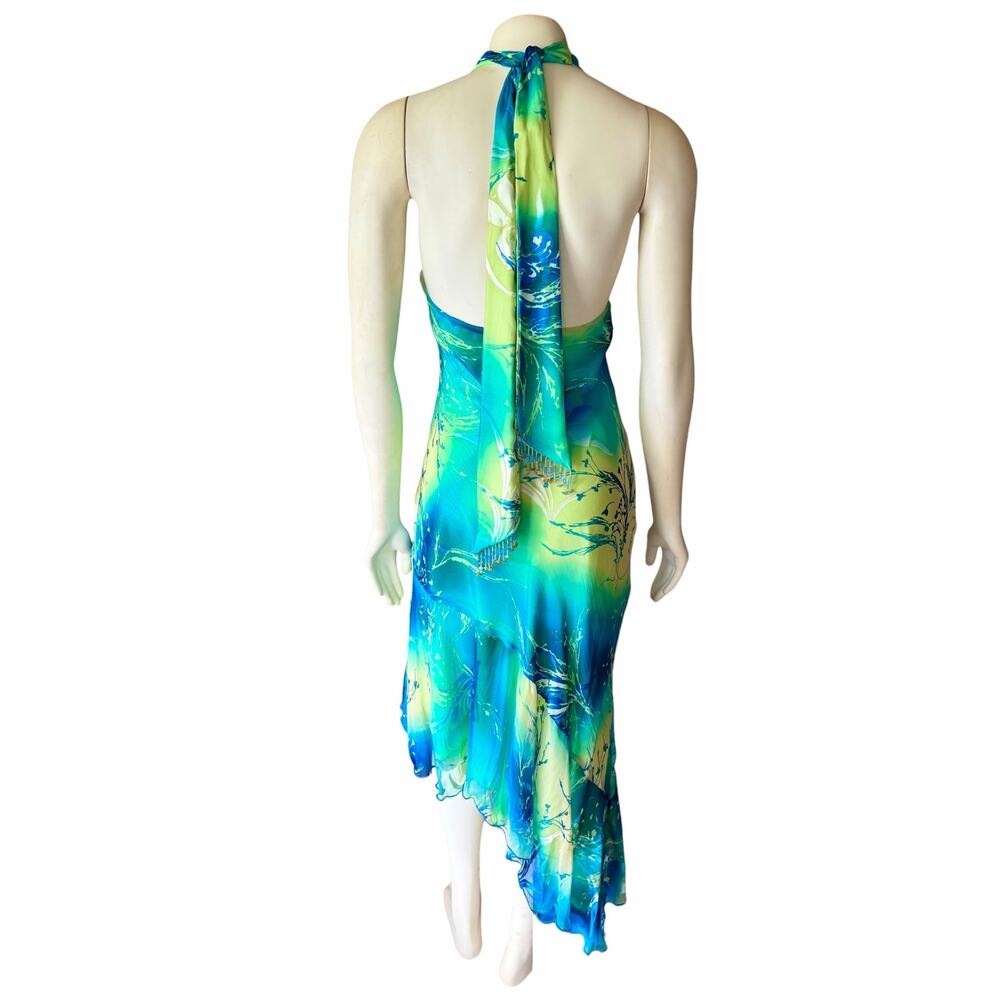 Cache Women's Size 12 Halter Dress Floral Watercolor Asymmetrical Hem Y2K - Picture 9 of 13